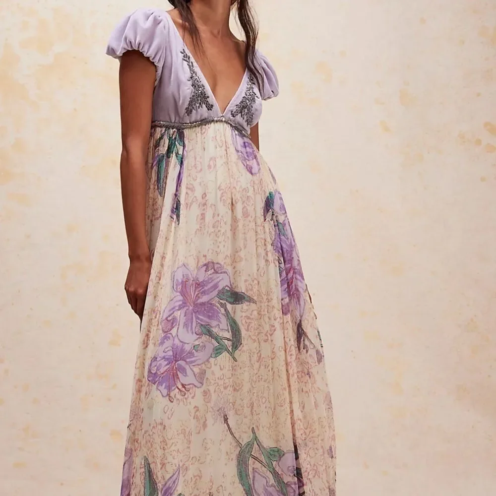 Free People Colette Velvet Embellished Sequins Embroidered Maxi Dress size 8 - Picture 2 of 14